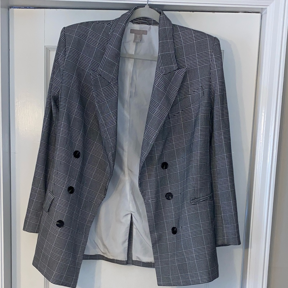 Gray Plaid Double-Breasted Blazer